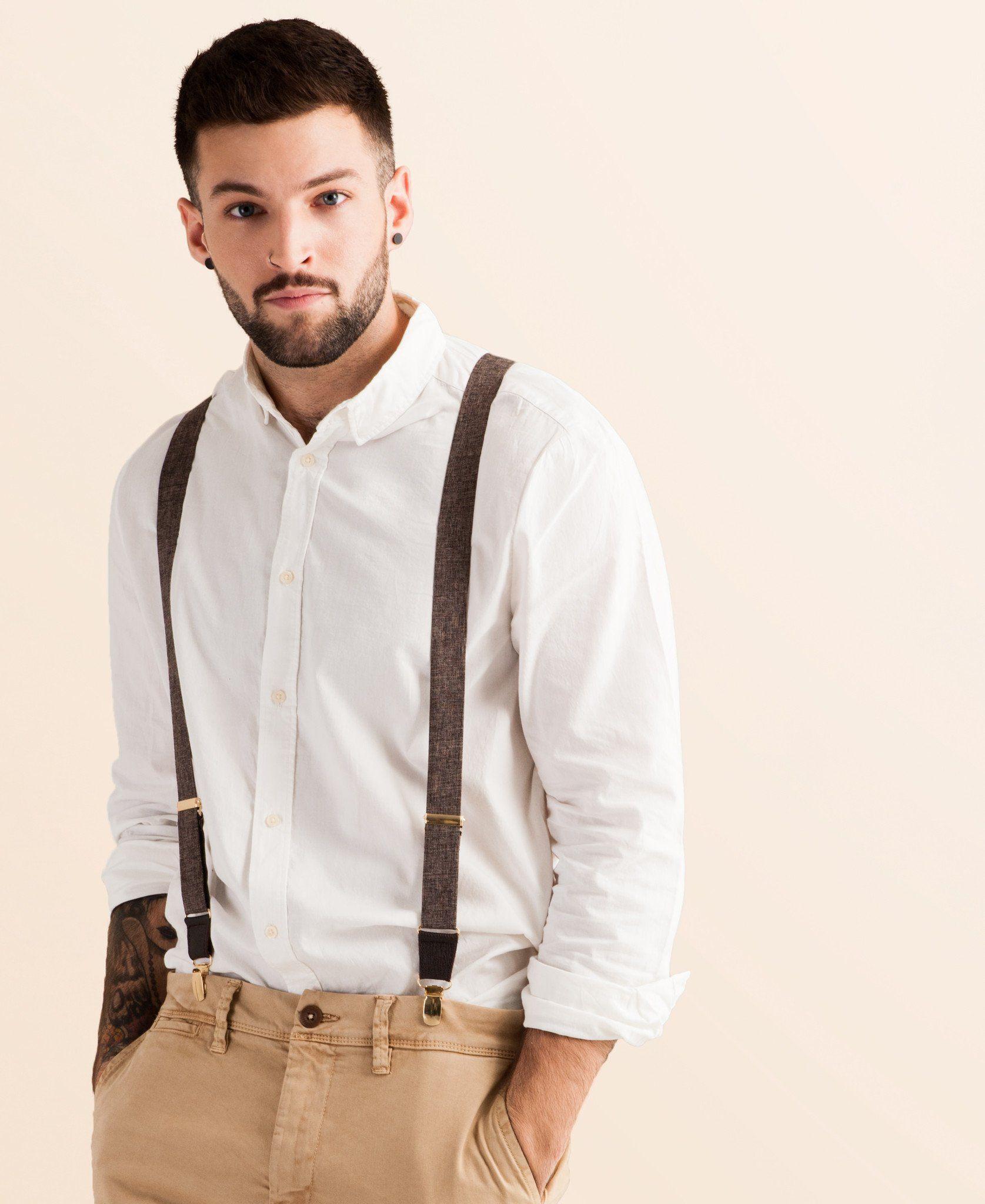 Brown Suspenders With White Dots for Men, Tan Brown Button