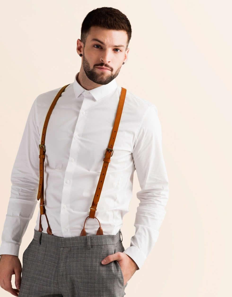 Navy Blue With White Dots Suspenders for Men, Brown Button